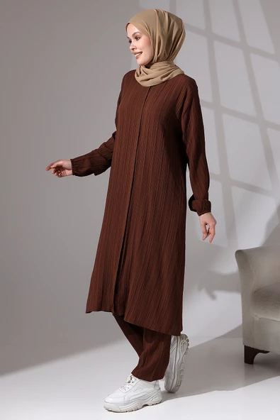 Kadın Bürümcük Kumaş Gizli Fermuarlı İkili Takım Hac Umre Kıyafeti Kahve - Resim 3