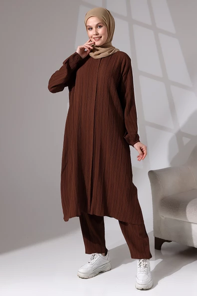 Kadın Bürümcük Kumaş Gizli Fermuarlı İkili Takım Hac Umre Kıyafeti Kahve - Resim 2