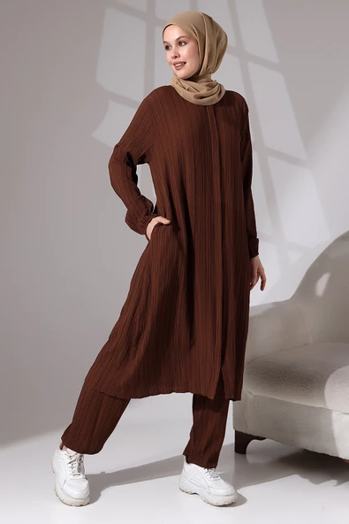 Kadın Bürümcük Kumaş Gizli Fermuarlı İkili Takım Hac Umre Kıyafeti Kahve - Resim 4