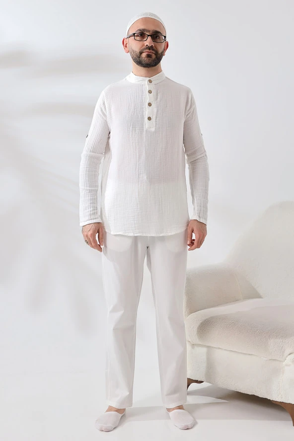 Erkek Gömlek Pantolon İkili Takım Hac Umre Kıyafeti Beyaz
