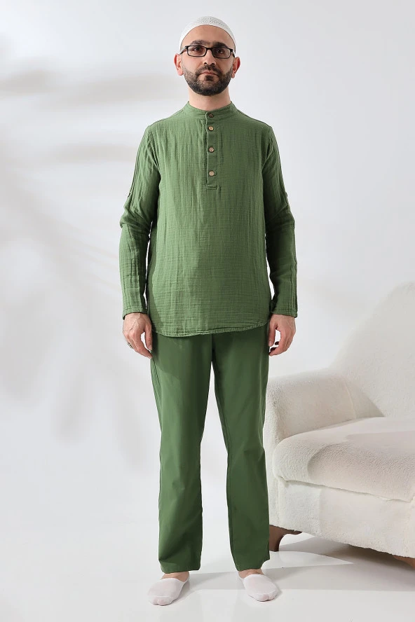 Erkek Gömlek Pantolon İkili Takım Hac Umre Kıyafeti Yeşil