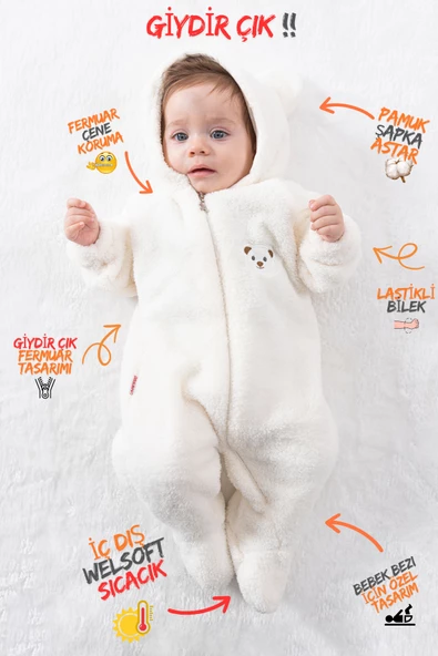 Welsoft Peluş Fermuarlı Kışlık Unisex Kız Erkek Bebek Uyku Tulumu Bebek Tulumu Çocuk Tulumu - 3