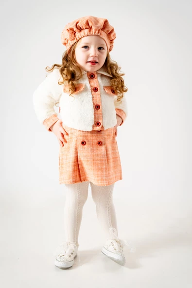 Kız Çocuk Kız Bebek Hırkalı Şapkalı Etekli Welsoft Peluş Oduncu Üçlü Elbise Takım - 7