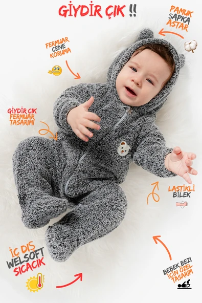 Welsoft Peluş Fermuarlı Kışlık Unisex Kız Erkek Bebek Uyku Tulumu Bebek Tulumu Çocuk Tulumu