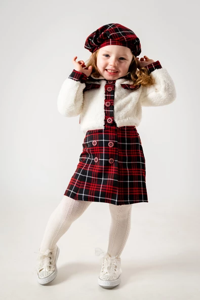 Kız Çocuk Kız Bebek Hırkalı Şapkalı Etekli Welsoft Peluş Oduncu Üçlü Elbise Takım - 5