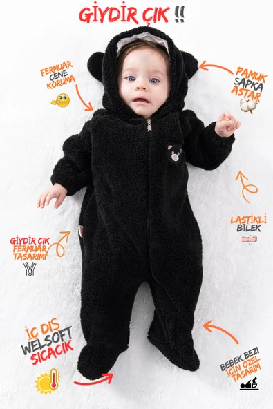 Welsoft Peluş Fermuarlı Kışlık Unisex Kız Erkek Bebek Uyku Tulumu Bebek Tulumu Çocuk Tulumu - 7