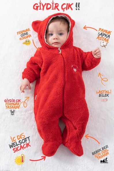 Welsoft Peluş Fermuarlı Kışlık Unisex Kız Erkek Bebek Uyku Tulumu Bebek Tulumu Çocuk Tulumu - 5
