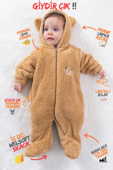 Welsoft Peluş Fermuarlı Kışlık Unisex Kız Erkek Bebek Uyku Tulumu Bebek Tulumu Çocuk Tulumu - 4