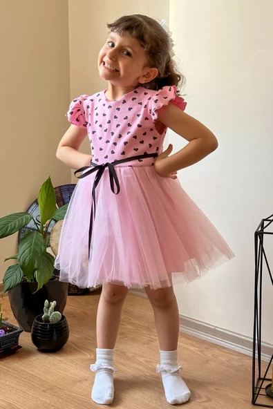 Yazlık Elbise Kısa Kollu Tüllü Tütü Astarlı Kız Çocuk Elbise Bebek Giyim Kız Bebek Elbise ELBKLP - 8