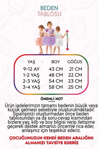 Kız Bebek Kız Çocuk Doğum Günü Parti Düğün Elbise Tüllü Tütü Astarlı Çocuk Giyim Bebek Giyim ELBYKNTTUTUL - 12