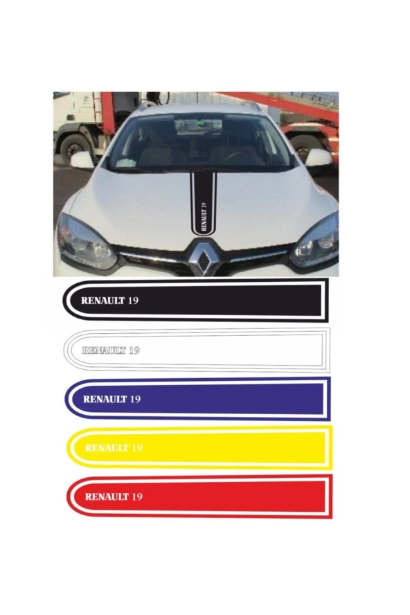 Renault 19 Logolu Otomobil Ön Kaput Şeridi Kaput Sticker Beyaz