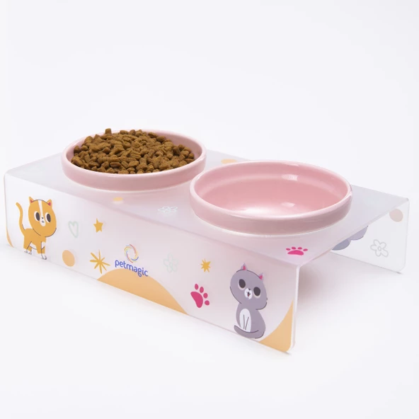 Petmagic Akrilik Pleksi Evcil Hayvan Renkli Seramik Kaseli Kedi ve Köpek Mama Su Kabı-Mat Kediler - 5