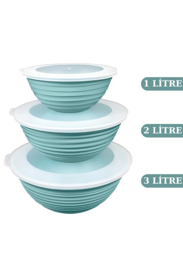 Flora 3 Boy Kapaklı Yuvarlak Kase, Çok Amaçlı Erzak Gıda Saklama Kabı 3’lü Set (3lt, 2lt, 1lt) Turkuaz - 2