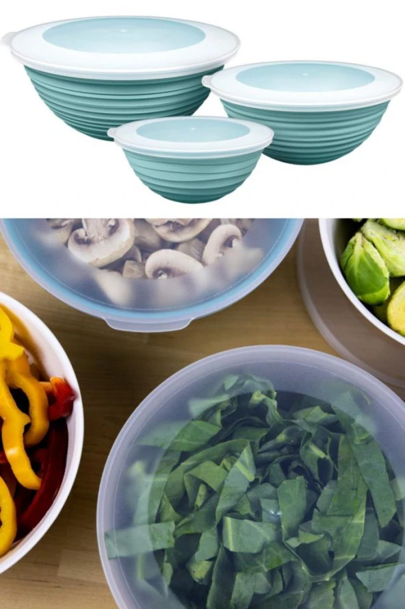 Flora 3 Boy Kapaklı Yuvarlak Kase, Çok Amaçlı Erzak Gıda Saklama Kabı 3’lü Set (3lt, 2lt, 1lt) Turkuaz - 3