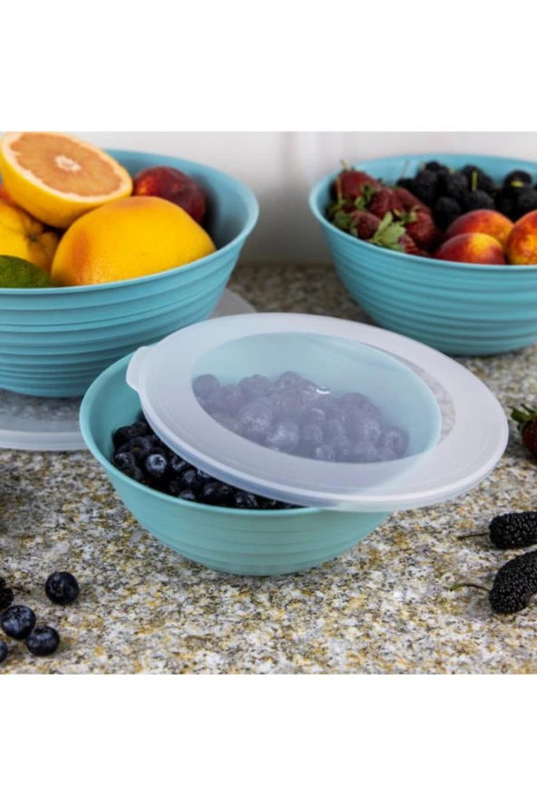 Flora 3 Boy Kapaklı Yuvarlak Kase, Çok Amaçlı Erzak Gıda Saklama Kabı 3’lü Set (3lt, 2lt, 1lt) Turkuaz - 5
