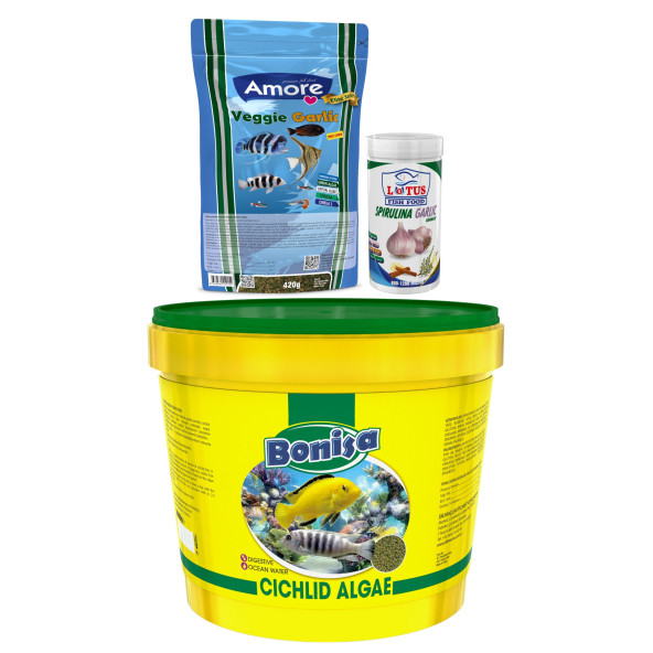 Bonisa Cichlid Algae 3 Kg Kova, Amore Veggie Garlic Pro 420gr, Lotus 100ml Spirulina Garlic Balık Yemi