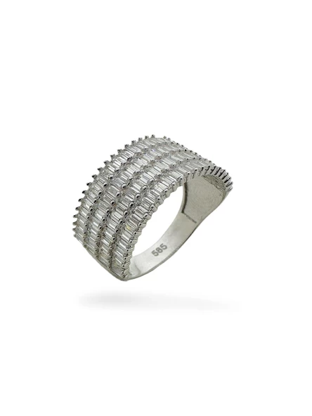 Dört Sıra Baget Zirkon Pırlanta Montür Yarım Tur Beyaz Altın Yüzük - Resim 2