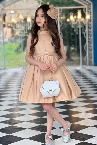 Kız Çocuk Boydan Üzeri Taş İşlemeli Kemer Detaylı Piliseli Krem Elbise - Resim 2