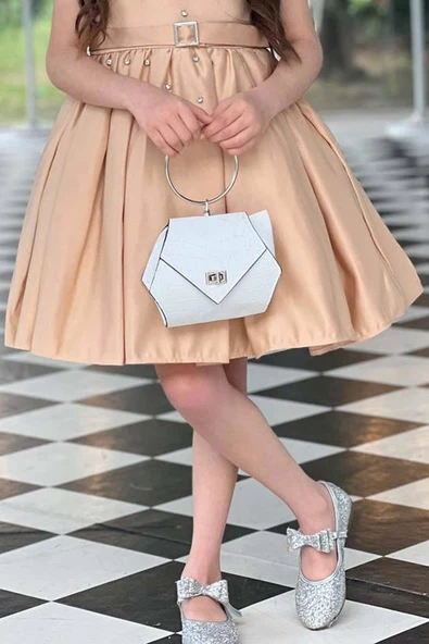 Kız Çocuk Boydan Üzeri Taş İşlemeli Kemer Detaylı Piliseli Krem Elbise - Resim 4