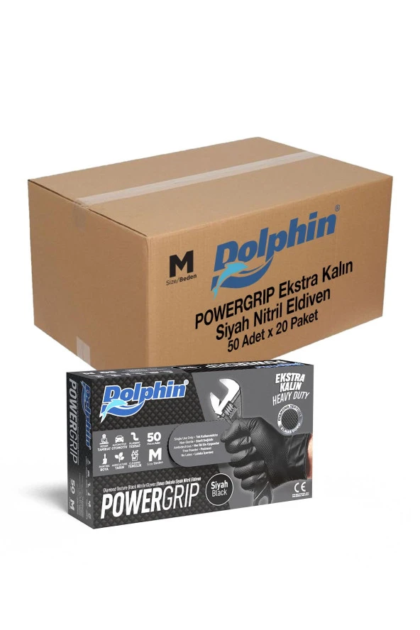 Dolphin Nitril PowerGrip Ekstra Kalın Elmas Dokulu Eldiven Siyah Meidum Orta Boy - 50'li Paket - Resim 4