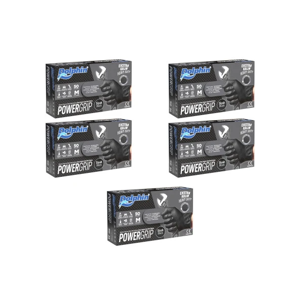 Dolphin Nitril PowerGrip Ekstra Kalın Elmas Dokulu Eldiven Siyah Meidum Orta Boy - 50'li 5 Paket
