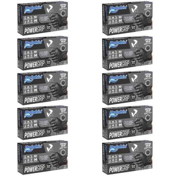 Dolphin Nitril PowerGrip Ekstra Kalın Elmas Dokulu Eldiven Siyah Meidum Orta Boy - 50'li 10 Paket