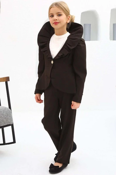 Kız Çocuk Yakası Fırfırlı Kloş Ceket Kahverengi Alt Üst Takım ürün görseli