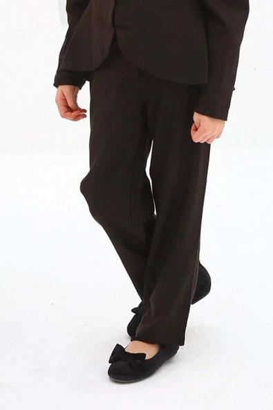 Kız Çocuk Yakası Fırfırlı Kloş Ceket Kahverengi Alt Üst Takım - Resim 4