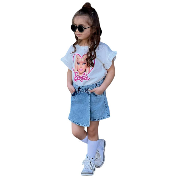 Yazlık Barbie Baskılı T-shirt Kot Şort Etek Takım Kot Etek Kız Çocuk Yeni Sezon Alt Üst Takım