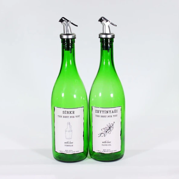 2'li Yağdanlık Sosluk Sirkelik Seti Özel Akıtıcılı Çimen Yeşili Sirke, Zeytinyağı Etiketli 2x750 ml Avantaj Paketi