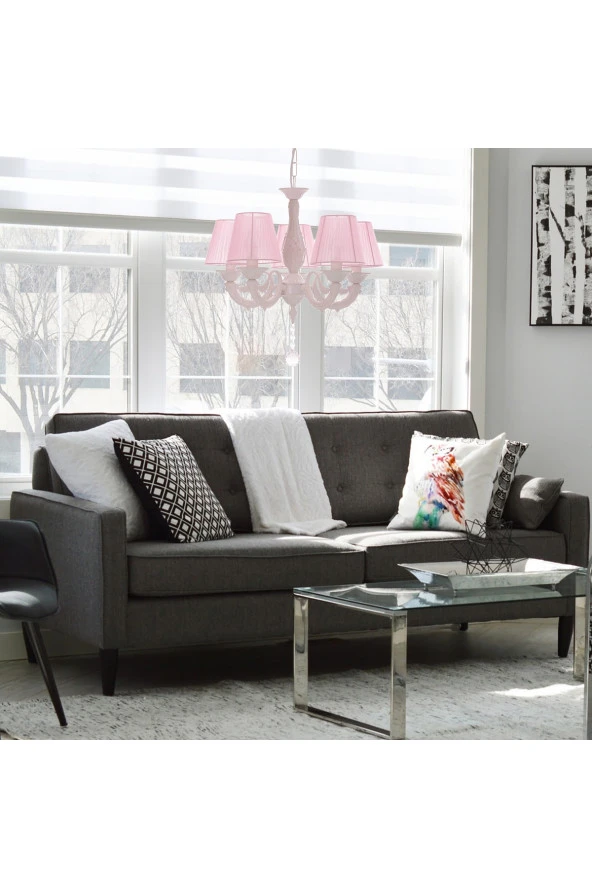 Umur Aydınlatma Albert 5'lü Beyaz Pembe Şapkalı Sarkıt Avize - Resim 3