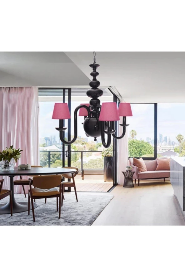 Umur Aydınlatma Roda 4'lü Siyah Fuşya Şapkalı Lüks Avize - Resim 2