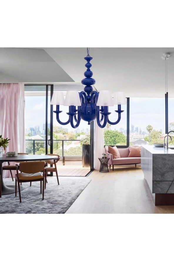 Umur Aydınlatma Roda 6'lı Parlement Mavisi Beyaz Şapkalı Lüks Avize - Resim 2