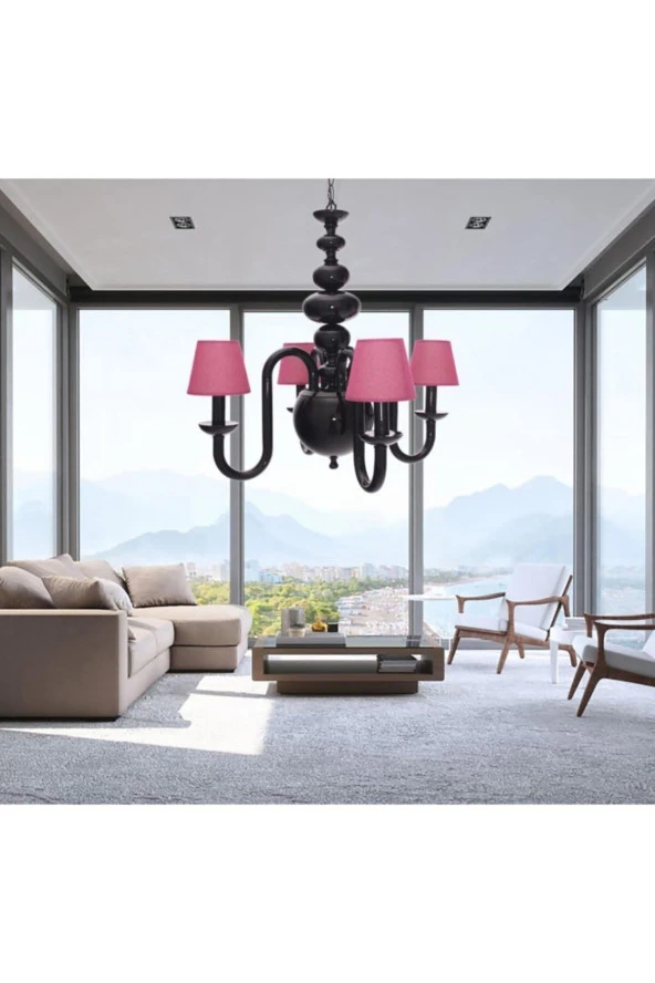 Umur Aydınlatma Roda 4'lü Siyah Fuşya Şapkalı Lüks Avize - Resim 3