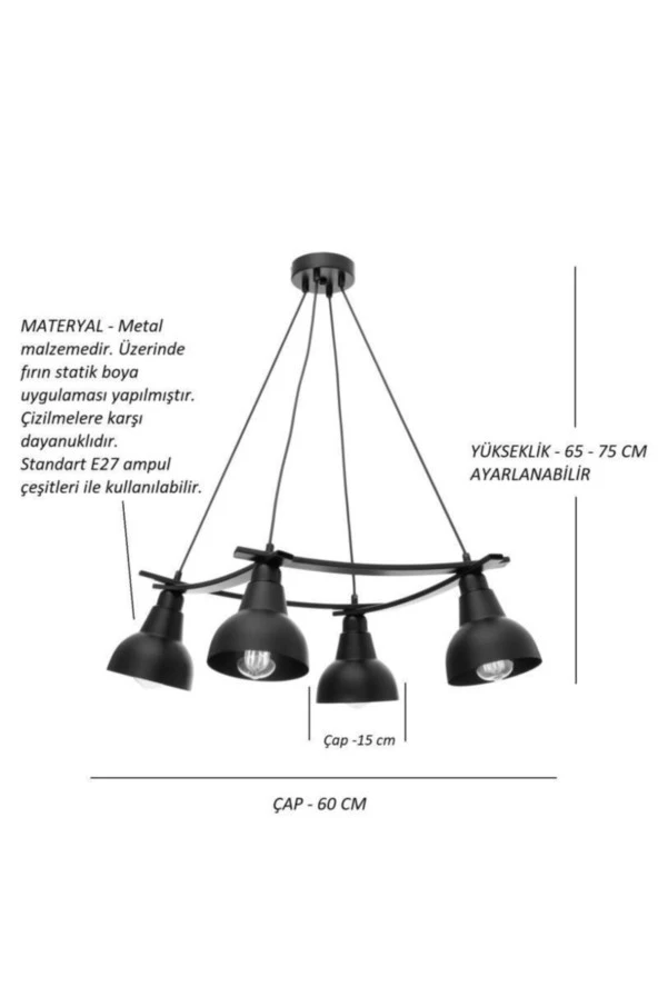 Umur Aydınlatma Inka 4'lü Eskitme Lav Şapkalı Avize Sarkıt - Resim 3