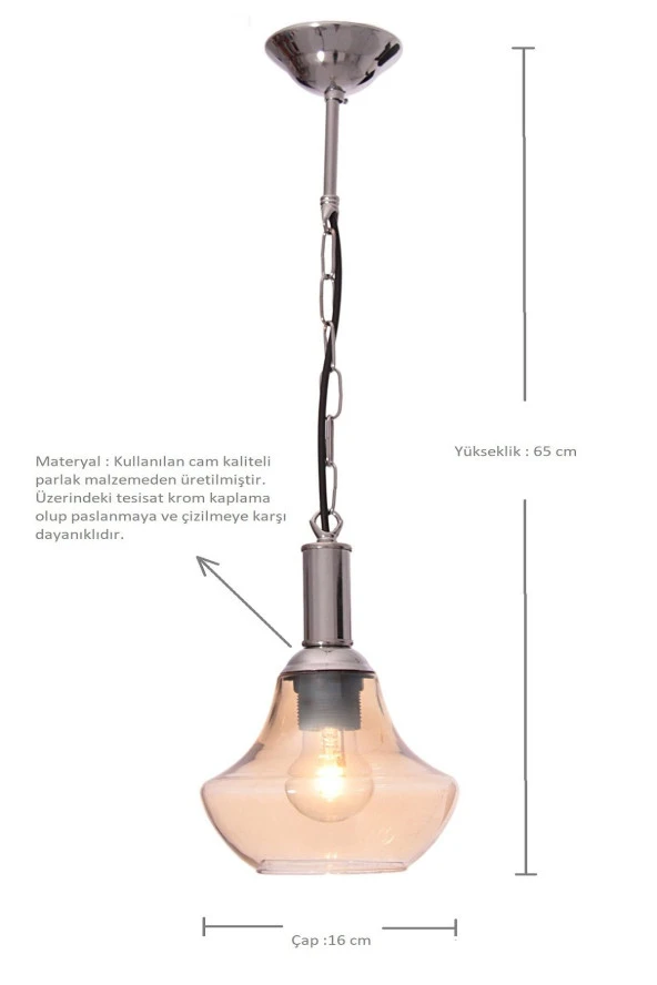 Umur Aydınlatma Umur Aydınlama Lugi tekli krom cam sarkıt avize - Resim 2