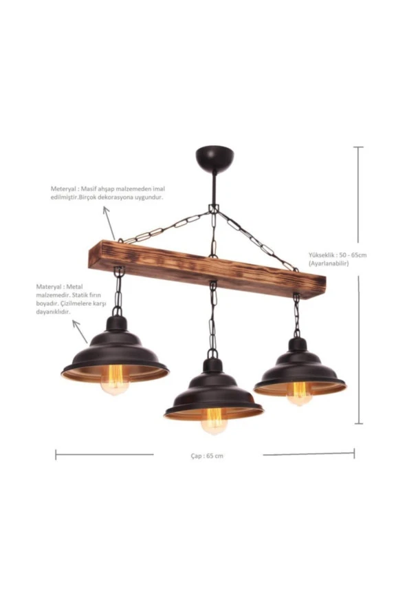 Umur Aydınlatma Togo 3'lü siyah ahşap sarkıt avize - Resim 4