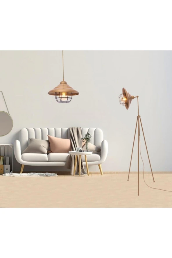 Umur Aydınlatma Tripod Dayton Şapkalı Bakır Eskitme Lambader Sarkıt Avize Oda Seti - Resim 3