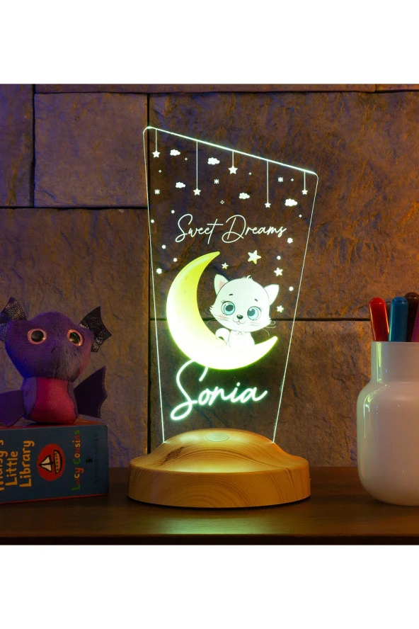 SEVGİ LAMBASI Kedili Hediye Çocuk Odası Aydınlatma Kız Bebek Gece Lambası, Kişiye Özel Oda Dekoru