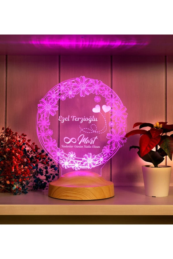SEVGİ LAMBASI 8 Mart Kadınlar Günü Hediyesi Papatyalar Kişiye Özel Led Lamba - 4