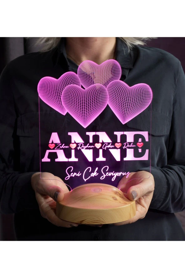 SEVGİ LAMBASI Klasik Kalpli Anneler Günü Hediyesi, Kare Şekilli, Anneye Hediye Renkli İsim Yazılı 3D Led Lamba
