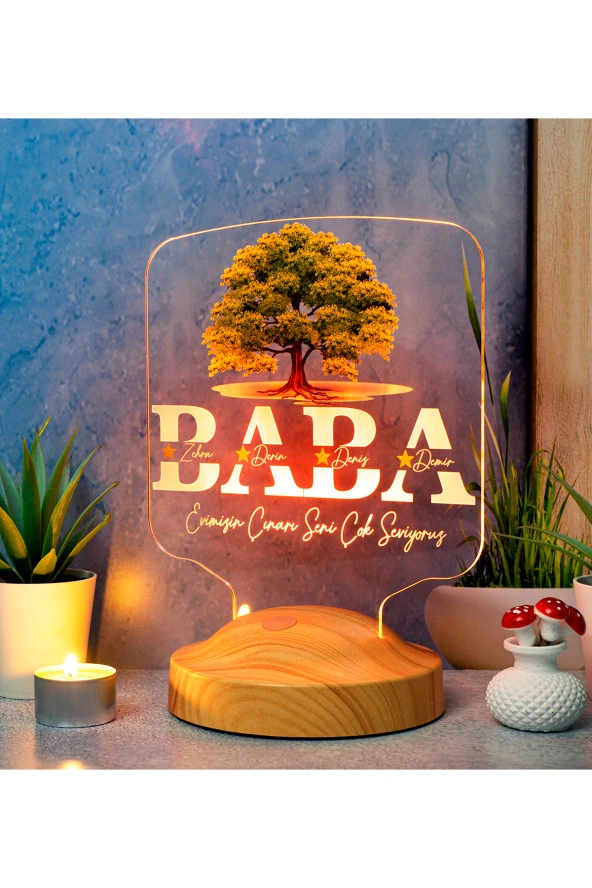 SEVGİ LAMBASI Babalar Günü Hediyesi, Babaya Hediye, Renkli İsim Yazılı Kişiye Özel 3D Kare Şekilli Led Lamba - 5