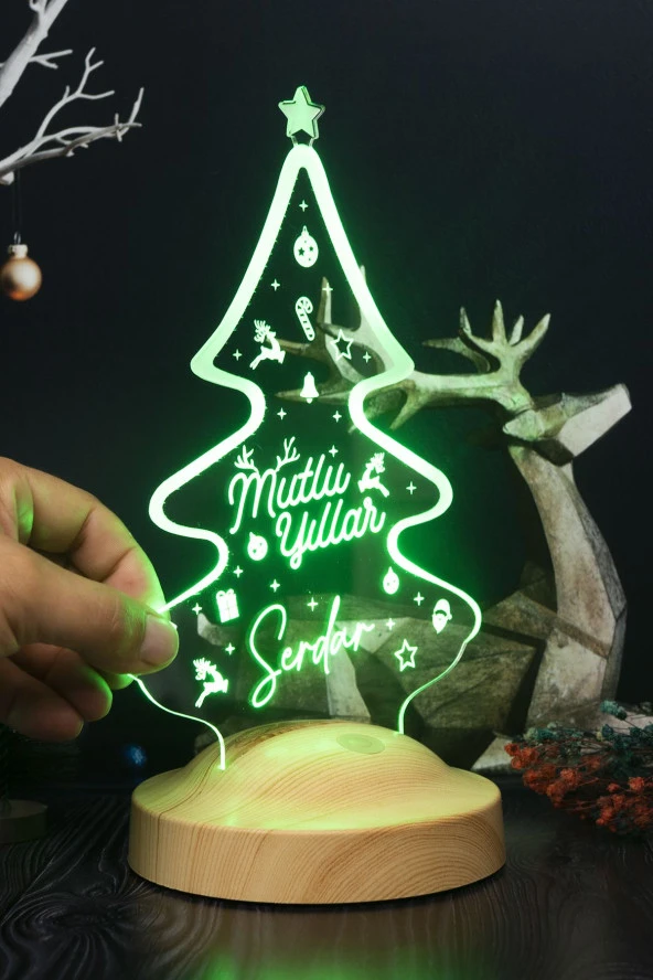 SEVGİ LAMBASI Yılbaşı Çam Ağacı Tasarımlı Kişiye Özel Dekoratif Led Lamba Yeni Yıl Hediyesi Led Işıktan