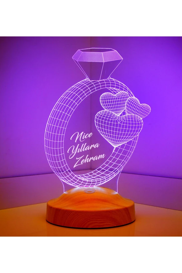 SEVGİ LAMBASI Kişiye Özel 3 Boyutlu Yüzük Ve Kalpler Led Lamba, Sevgiliye Hediye, Eşe Hediye, Yıldönümü - 4