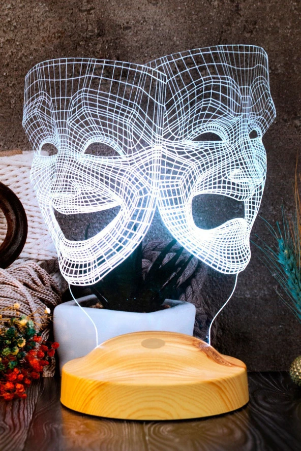SEVGİ LAMBASI Sock Ve Buskin Sembolü Led Lamba, 3 Boyutlu Maske, Tiyatro Sanatçısına Hediye Led Lamba - 3