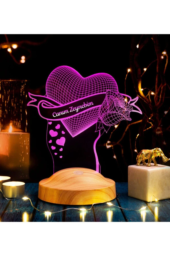 SEVGİ LAMBASI Sevgiliye Hediye Gül Ve Kalp 3 Boyutlu Led Gece Lambası, Seni Çok Seviyorum Yazılı