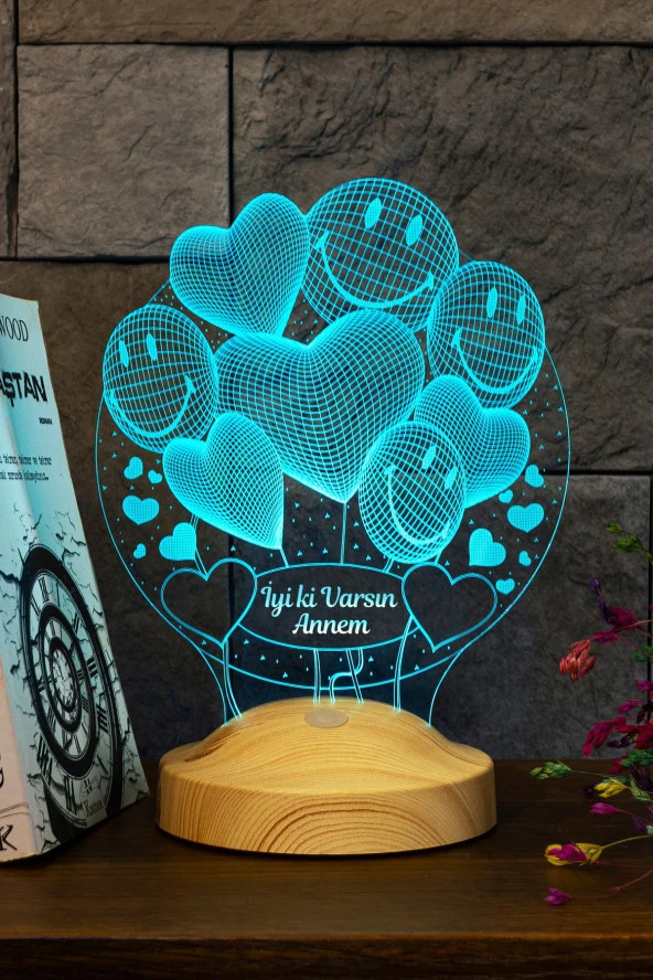 SEVGİ LAMBASI Anneler Günü Hediyesi Smiley Kalpler 3 Boyutlu Led Lamba