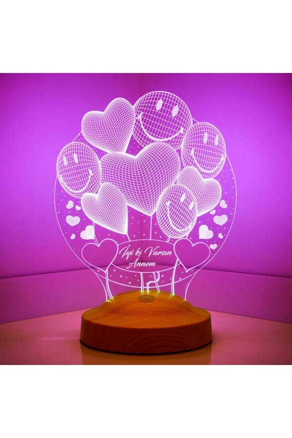 SEVGİ LAMBASI Anneler Günü Hediyesi Smiley Kalpler 3 Boyutlu Led Lamba - 3