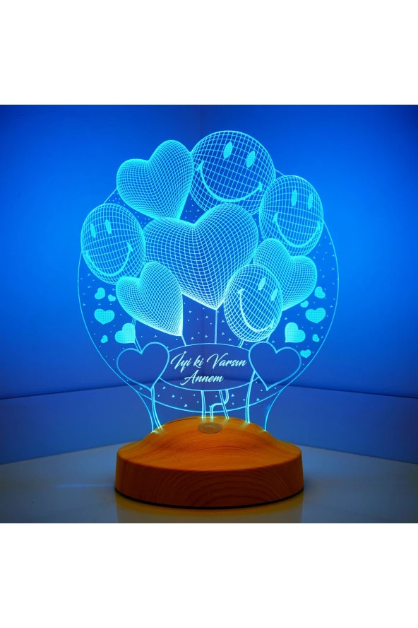 SEVGİ LAMBASI Anneler Günü Hediyesi Smiley Kalpler 3 Boyutlu Led Lamba - 4