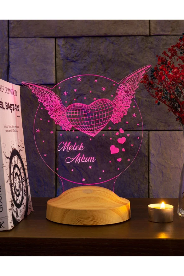 SEVGİ LAMBASI Sevgiliye Hediye Melek Kanatlı Kalp Hediyesi, Melek Aşkım Yazılı 3d Led Lamba - 4